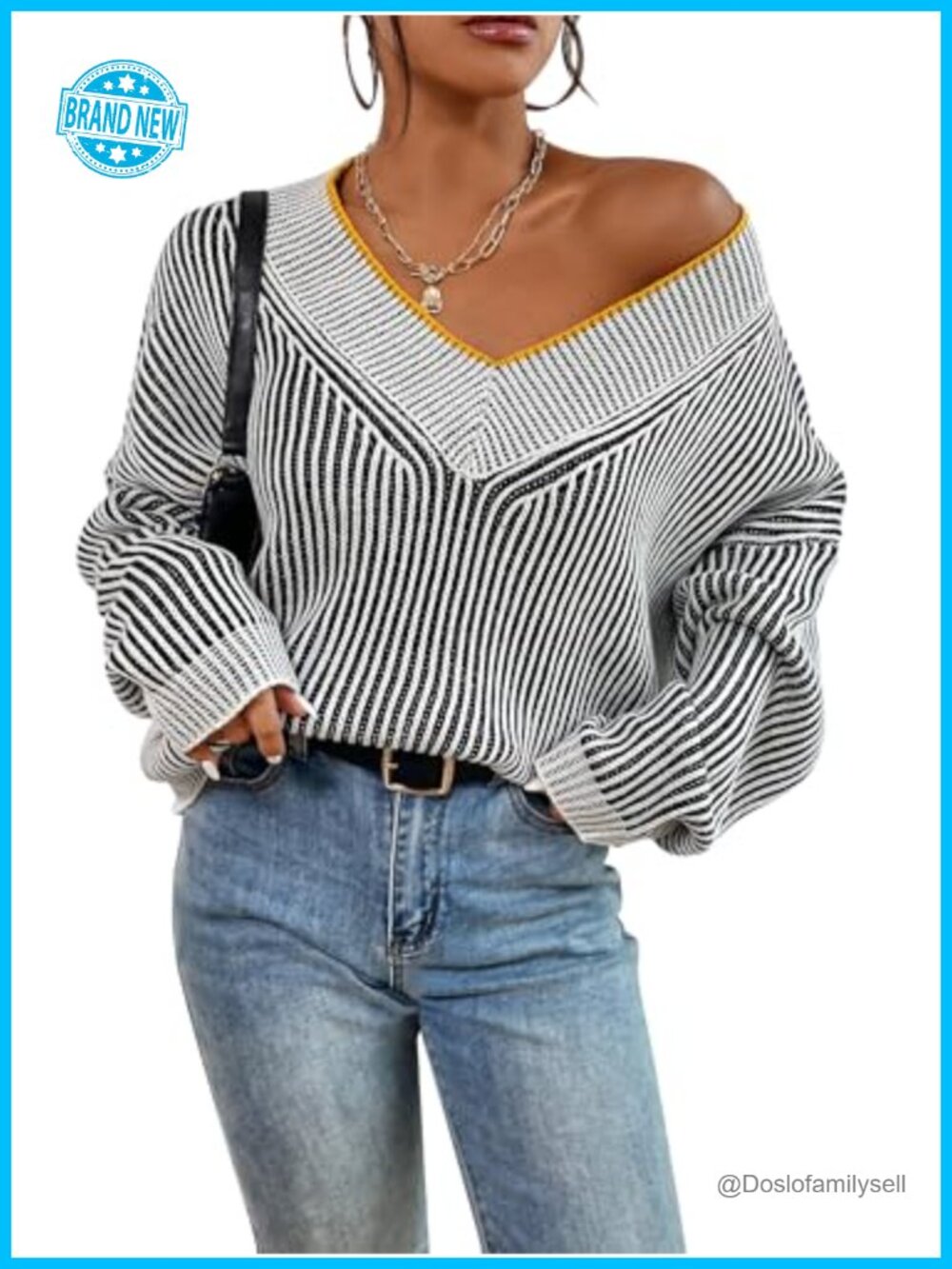 Oversized Striped V-Neck Long Sleeve Sweater Pullover Ribbed Knit